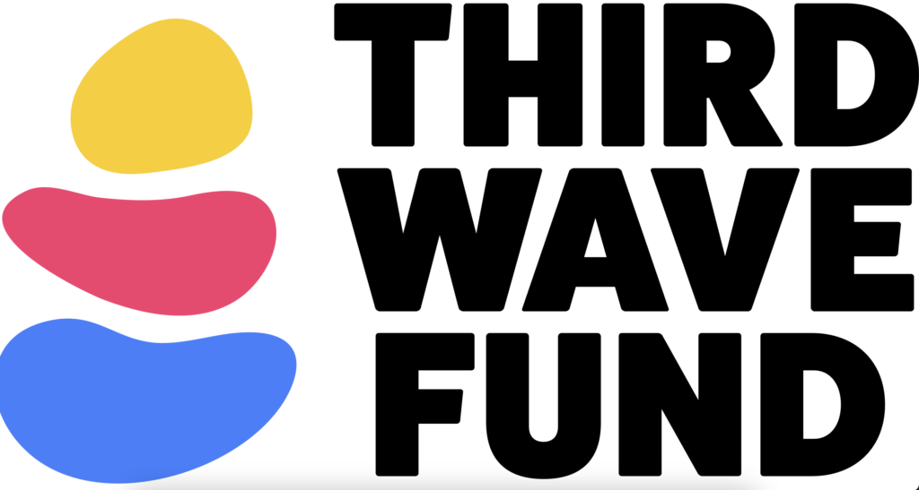 Logo for Third Wave Fund, showing text in bold black letters, next to three stacked stones in blue, magenta, and gold.